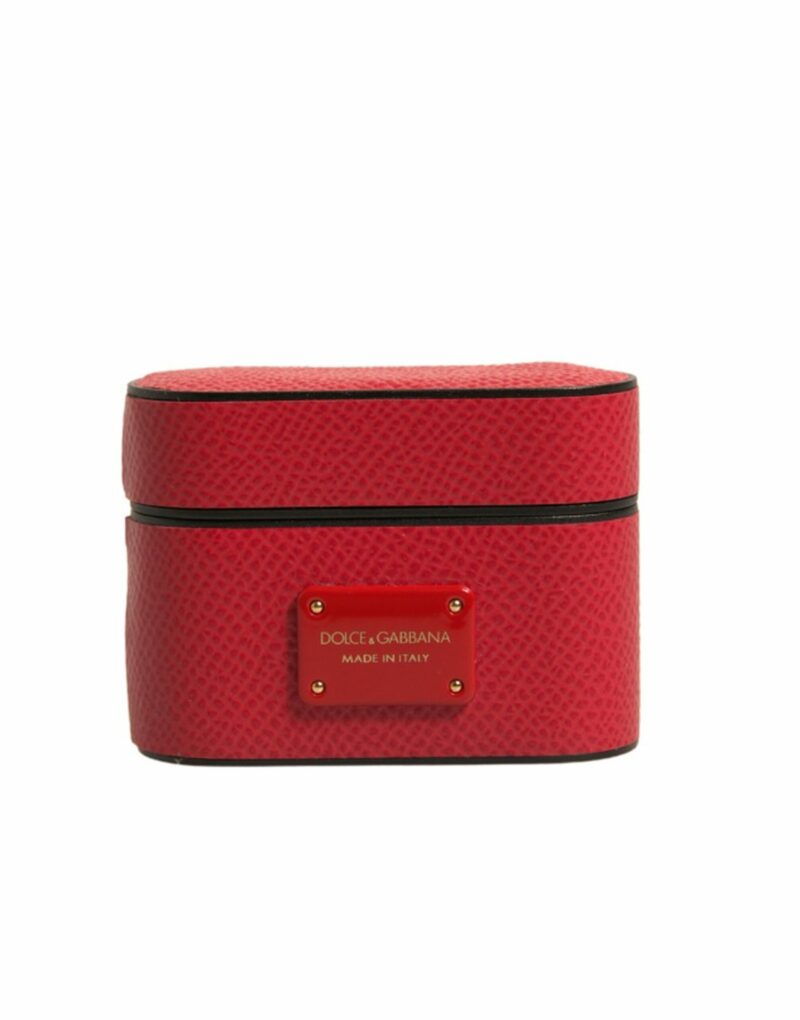 Dolce & Gabbana Red Leather Metal Logo Plaque Holder Airpods Case - Image 2