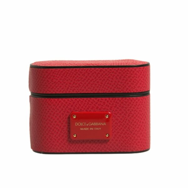 Dolce & Gabbana Red Leather Metal Logo Plaque Holder Airpods Case