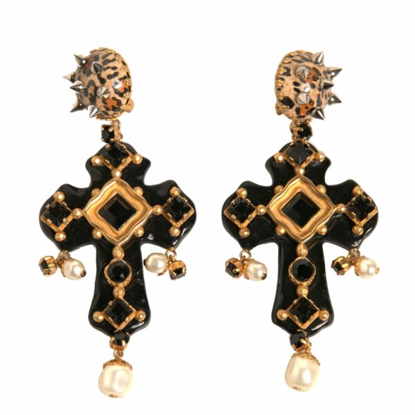 Dolce & Gabbana Black Crystal Cross Crystal Embellished Gold Clip On Earrings
