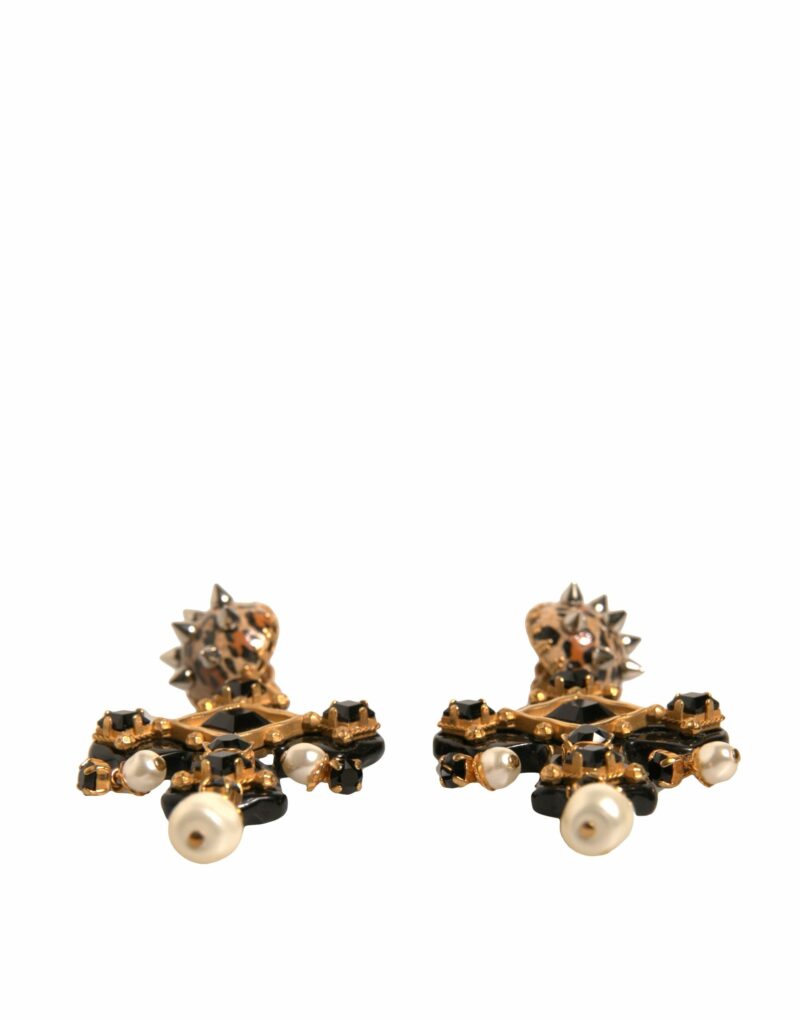 Dolce & Gabbana Black Crystal Cross Crystal Embellished Gold Clip On Earrings - Image 3