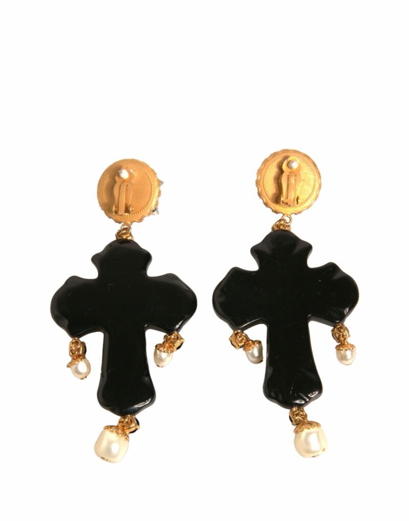 Dolce & Gabbana Black Crystal Cross Crystal Embellished Gold Clip On Earrings - Image 4