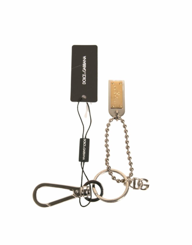 Dolce & Gabbana Silver Brass Chain Beaded Logo Plaque Keychain Keyring - Image 2