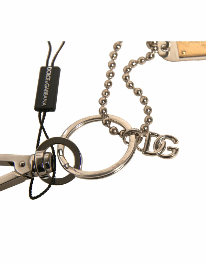 Dolce & Gabbana Silver Brass Chain Beaded Logo Plaque Keychain Keyring - Image 4