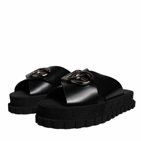 Dolce & Gabbana Black Leather DG Criss Cross Slides Sandals Shoes
