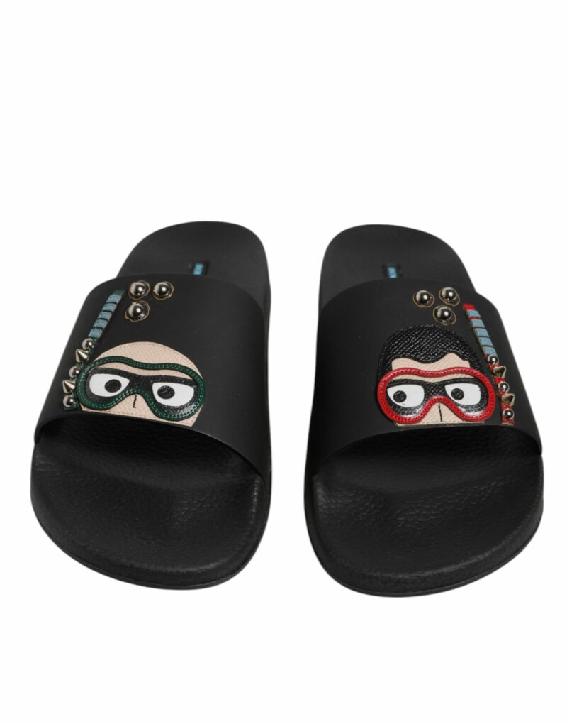 Dolce & Gabbana Black Divers Leather Flats Slides Sandals Beachwear Shoes - Image 2