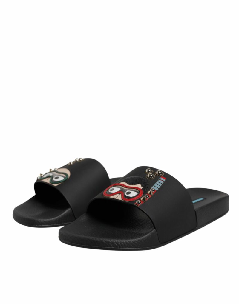Dolce & Gabbana Black Divers Leather Flats Slides Sandals Beachwear Shoes - Image 3