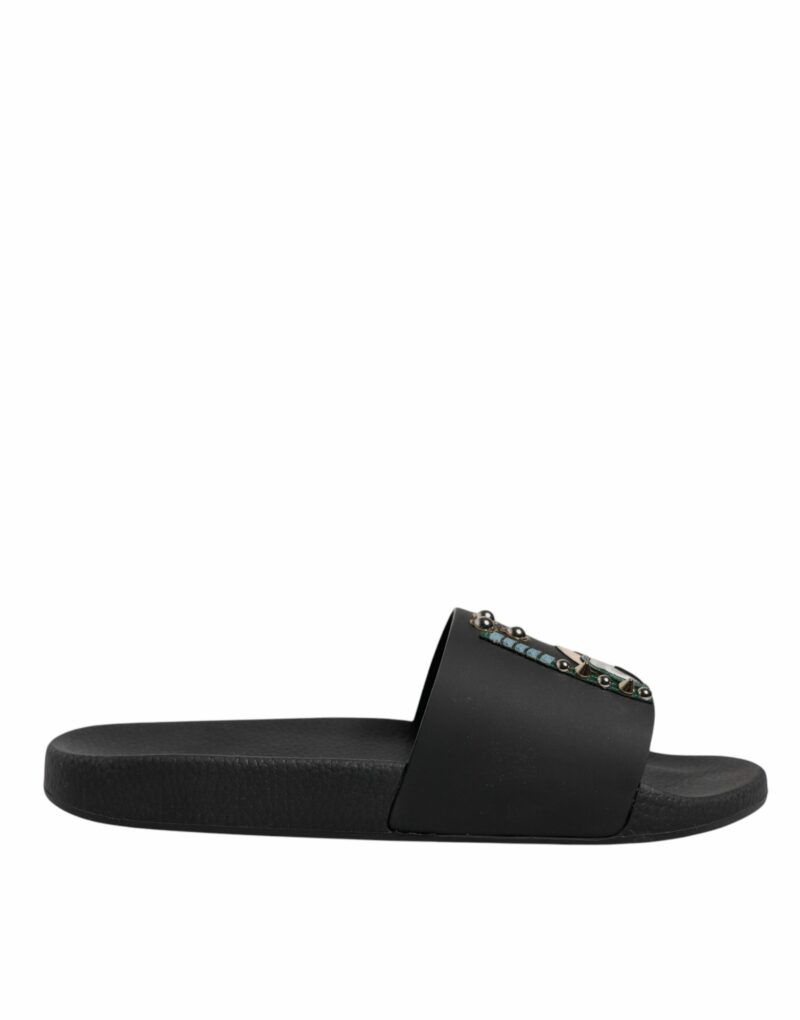 Dolce & Gabbana Black Divers Leather Flats Slides Sandals Beachwear Shoes - Image 6