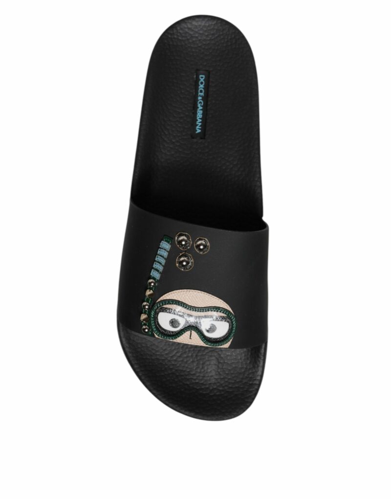 Dolce & Gabbana Black Divers Leather Flats Slides Sandals Beachwear Shoes - Image 8