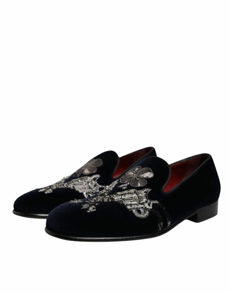 Dolce & Gabbana Black Velvet Floral Gun Loafers Dress Shoes - Image 3