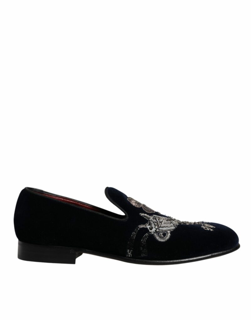 Dolce & Gabbana Black Velvet Floral Gun Loafers Dress Shoes - Image 6