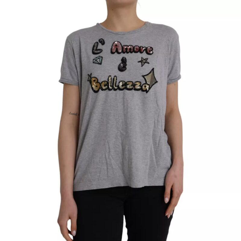 Dolce & Gabbana Gray Cotton L'Amore E'Bellezza Top T-shirt - Image 2