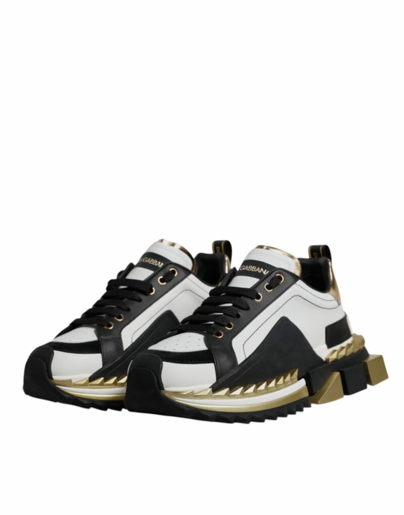Dolce & Gabbana White Gold Black Leather SUPER KING Sneakers Shoes - Image 4
