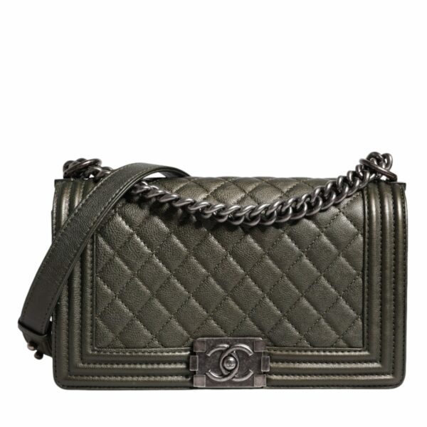 Chanel Dark Green Leather Shoulder Bag Gray Metal Purse Bag