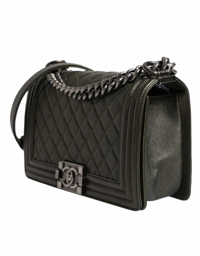 Chanel Dark Green Leather Shoulder Bag Gray Metal Purse Bag - Image 3