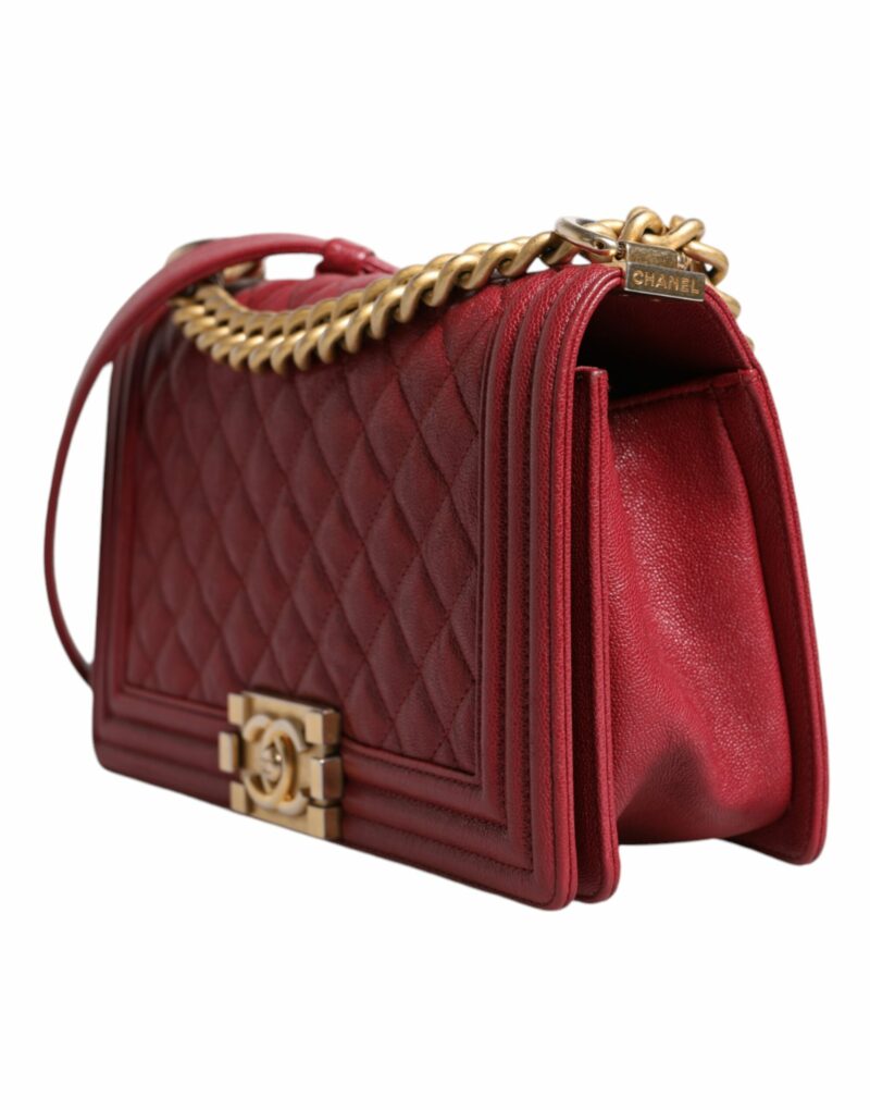 Chanel Red Leather Lambskin Double Gold Chain Medium Shoulder Bag - Image 4
