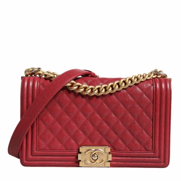 Chanel Red Leather Lambskin Double Gold Chain Medium Shoulder Bag