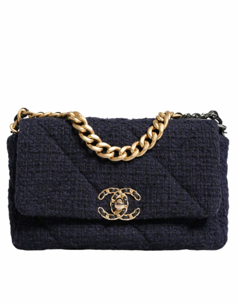 Chanel Dark Blue Medium Flap Tweed CC Gold Gray Chain Shoulder Bag - Image 2