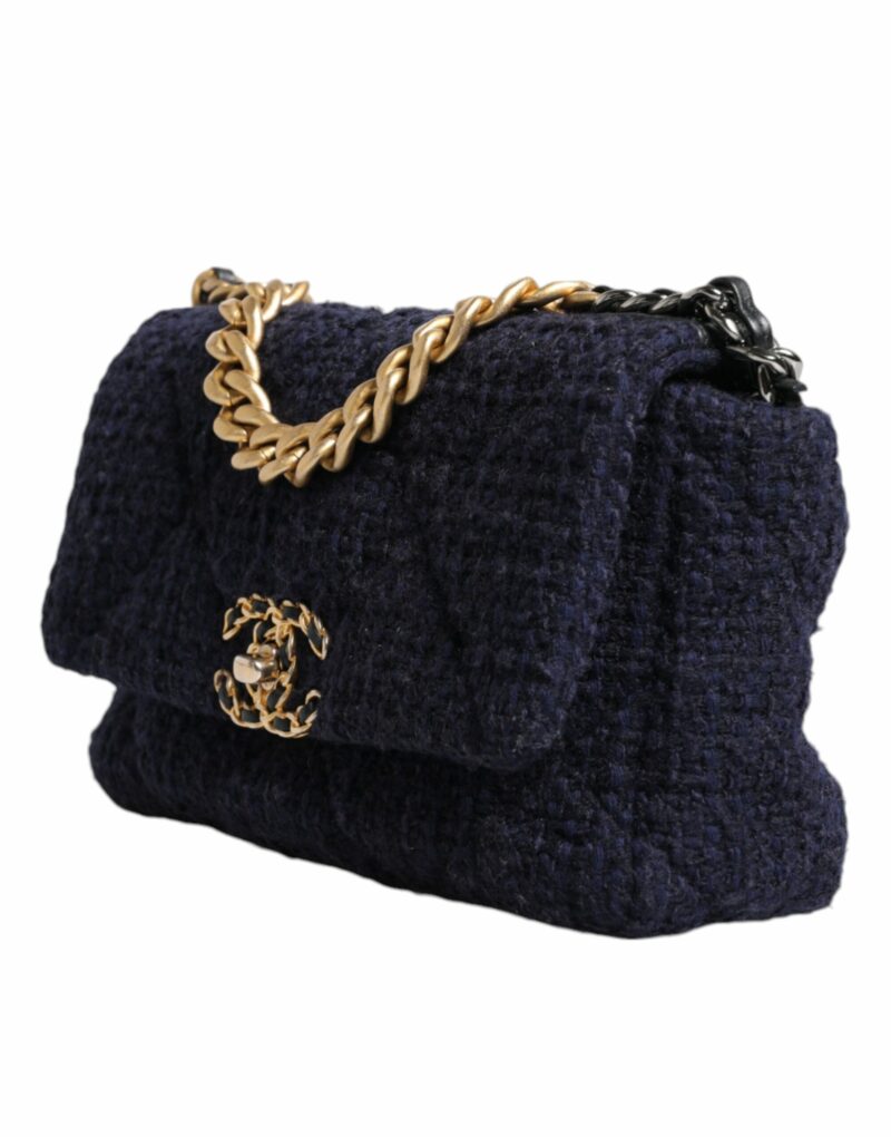 Chanel Dark Blue Medium Flap Tweed CC Gold Gray Chain Shoulder Bag - Image 3
