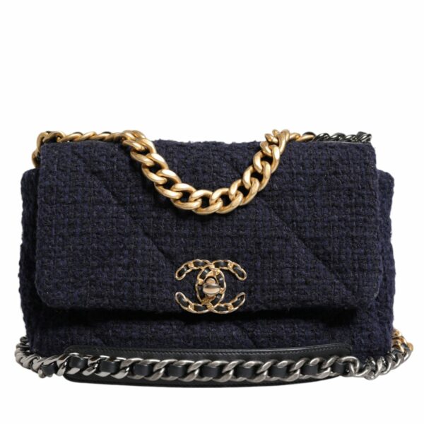 Chanel Dark Blue Medium Flap Tweed CC Gold Gray Chain Shoulder Bag