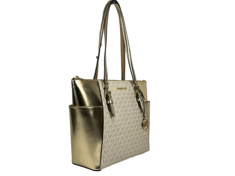 Michael Kors Charlotte Large Leather Top Zip Tote Bag Purse Gold - Image 3
