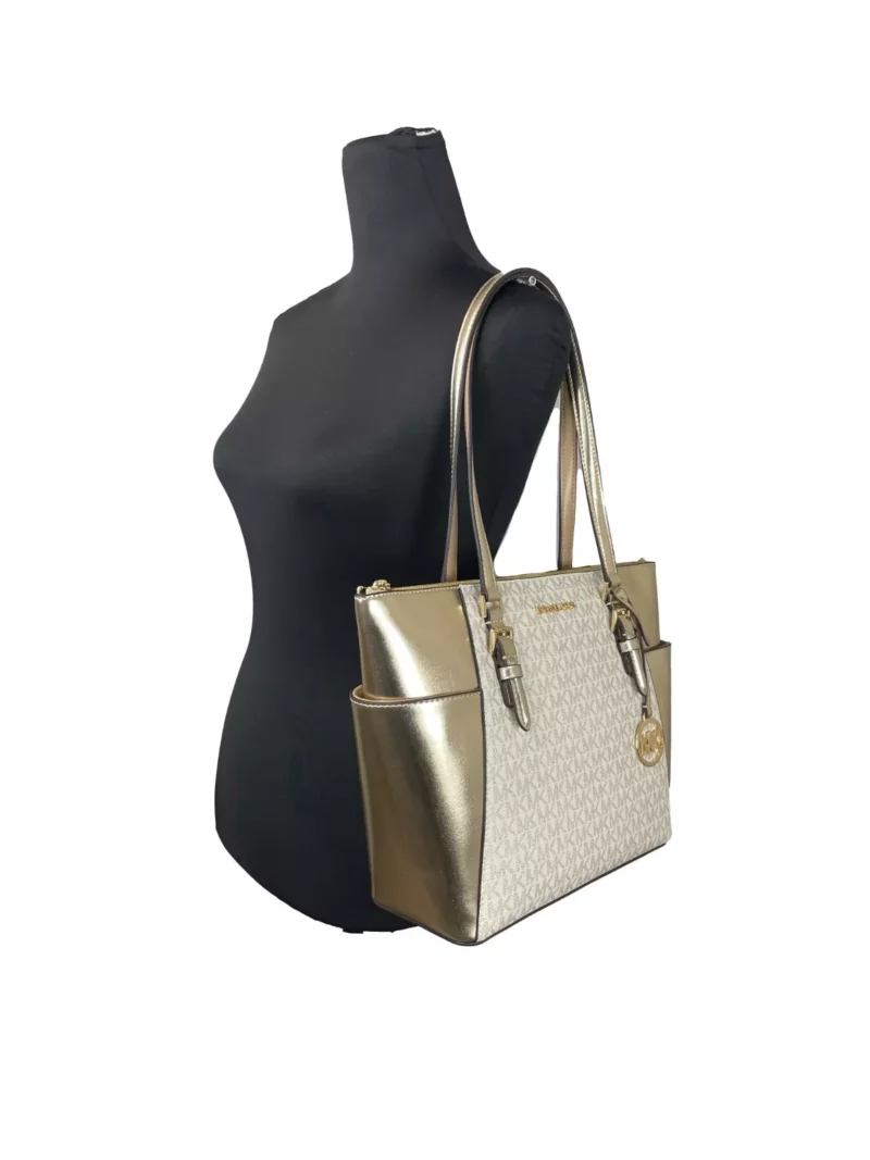 Michael Kors Charlotte Large Leather Top Zip Tote Bag Purse Gold - Image 2