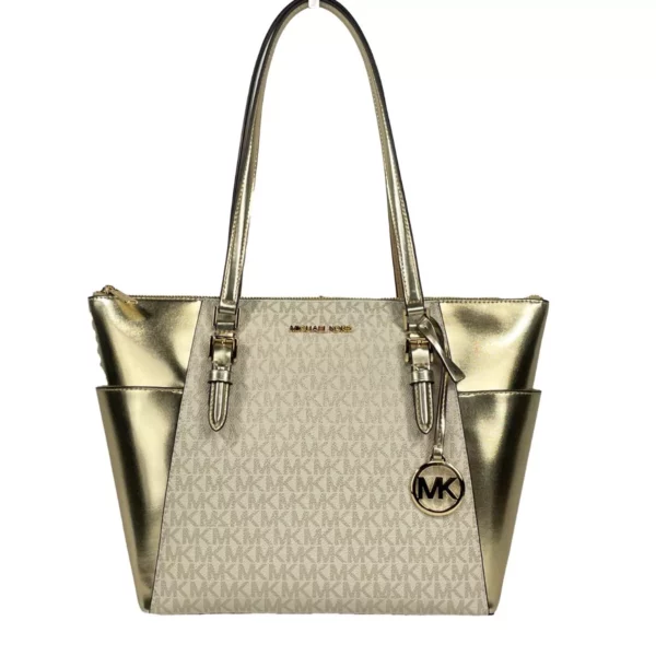 Michael Kors Charlotte Large Leather Top Zip Tote Bag Purse Gold