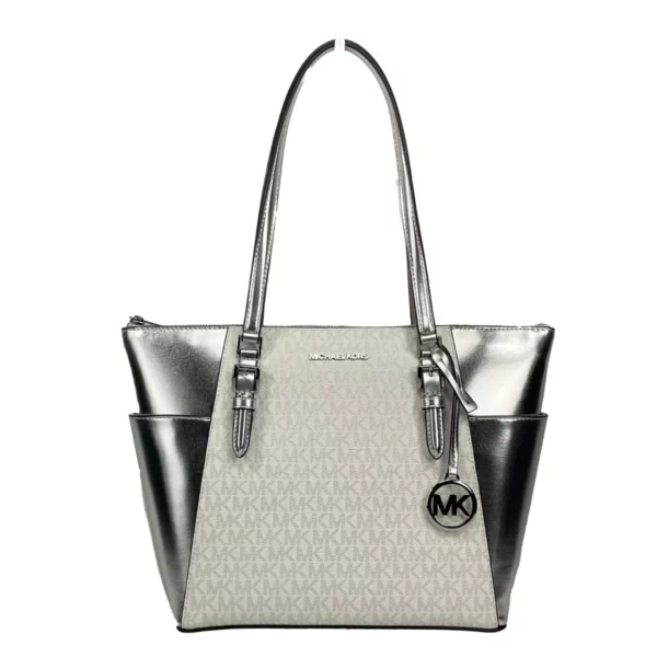 Michael Kors Charlotte Large Leather Top Zip Tote Bag Purse Silver