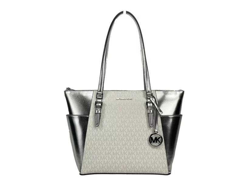 Michael Kors Charlotte Large Leather Top Zip Tote Bag Purse Silver