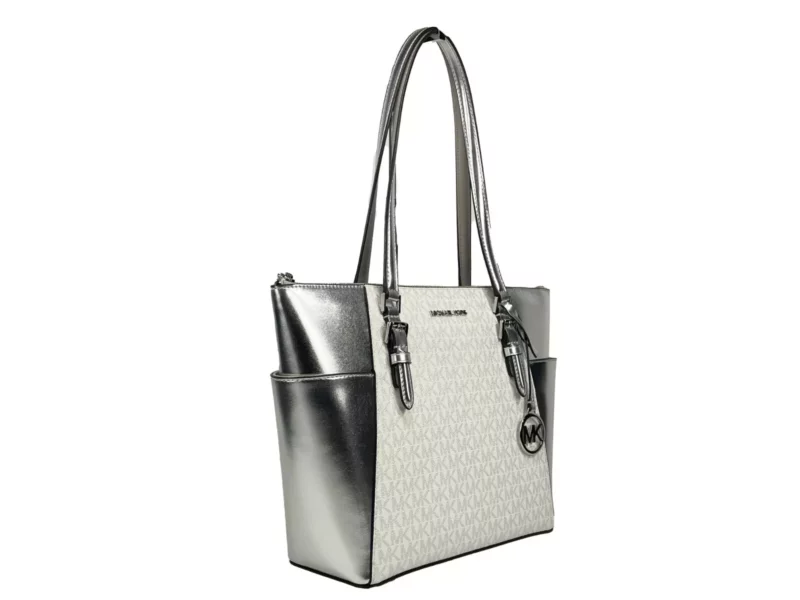Michael Kors Charlotte Large Leather Top Zip Tote Bag Purse Silver - Image 4