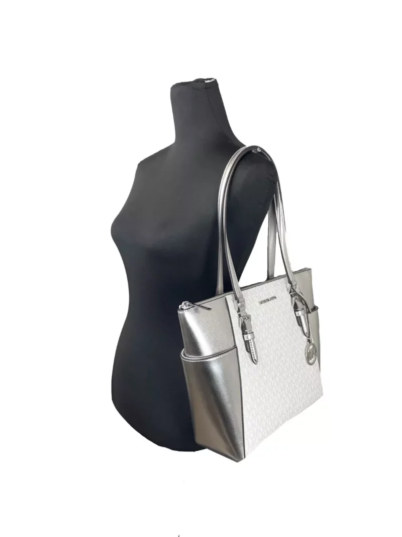 Michael Kors Charlotte Large Leather Top Zip Tote Bag Purse Silver - Image 2
