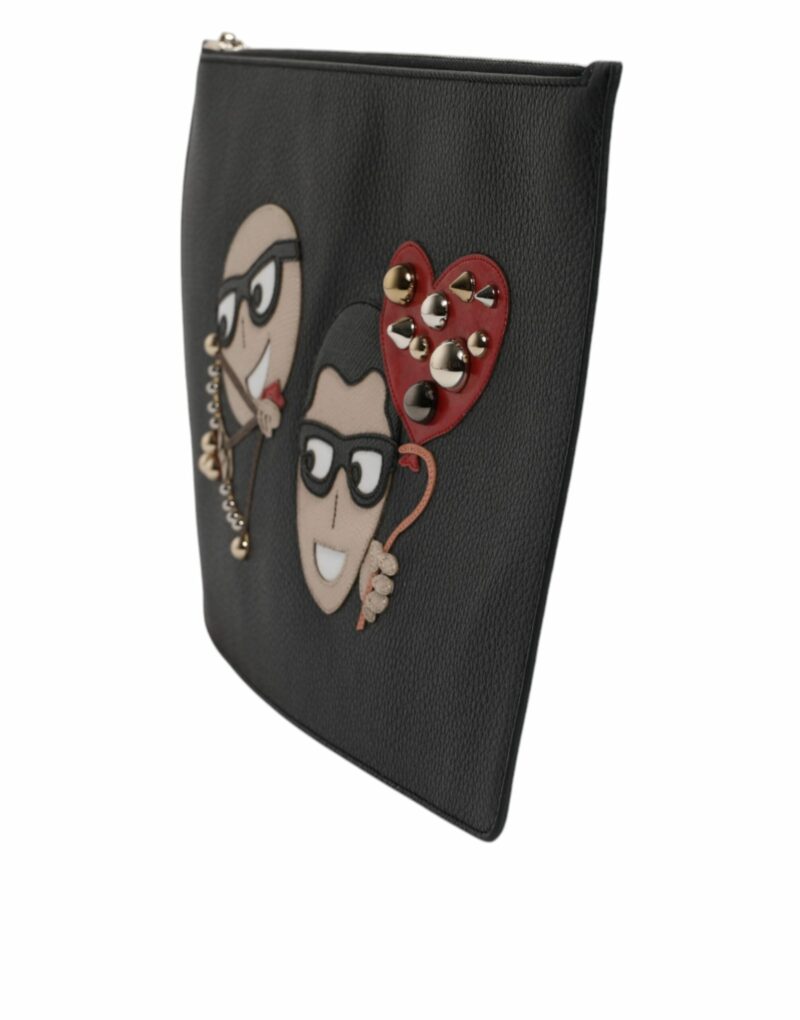 Dolce & Gabbana Black Leather #DGFAMILY Embellished Men Zip Pouch Bag - Image 3