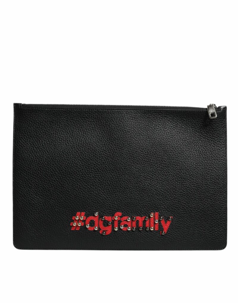 Dolce & Gabbana Black Leather #DGFAMILY Embellished Men Zip Pouch Bag - Image 4