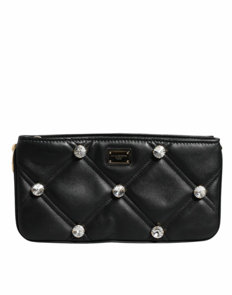 Dolce & Gabbana Black Leather Crystal Embellished Logo Shoulder Bag - Image 2