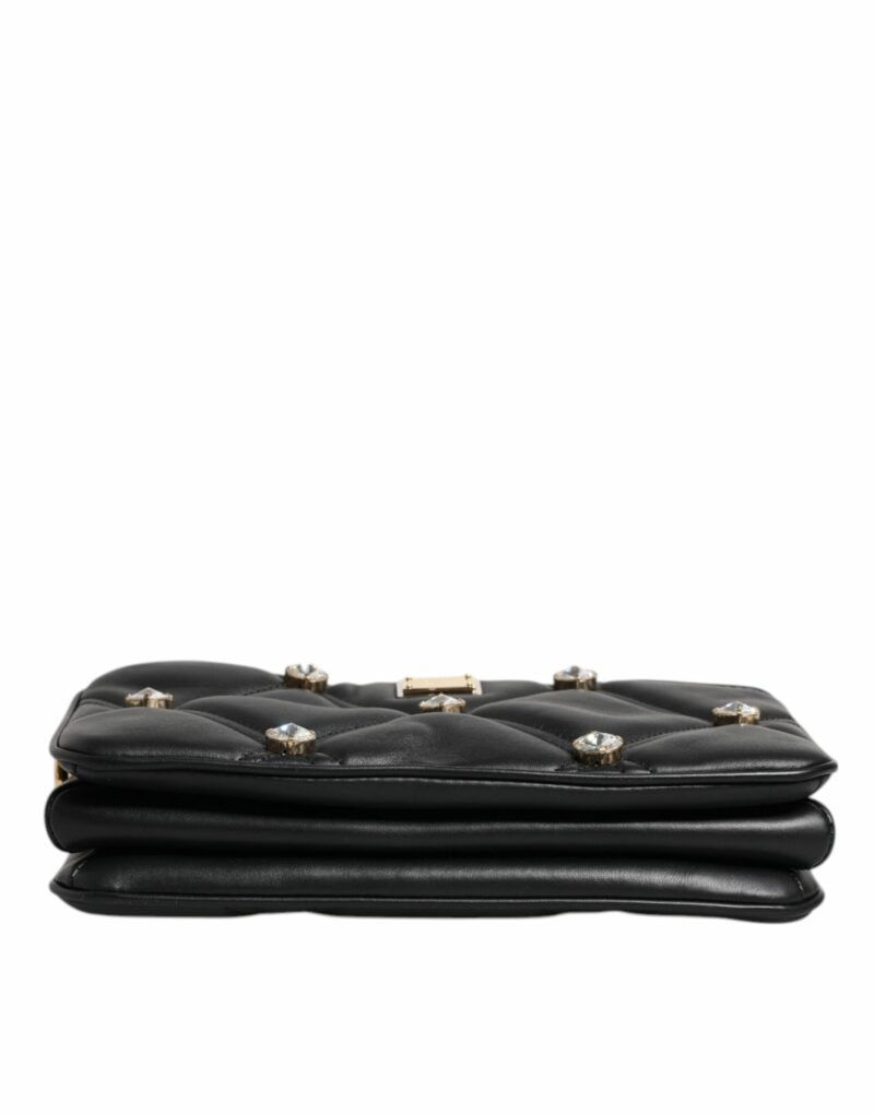 Dolce & Gabbana Black Leather Crystal Embellished Logo Shoulder Bag - Image 5