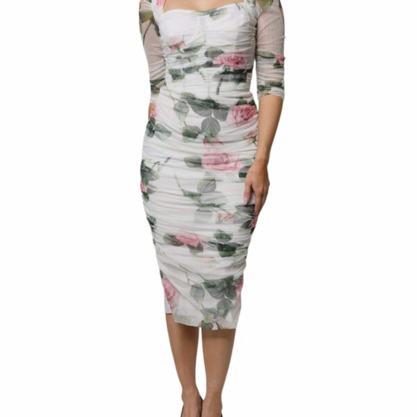 Dolce & Gabbana White Roses Print Cotton Pleated Midi Dress