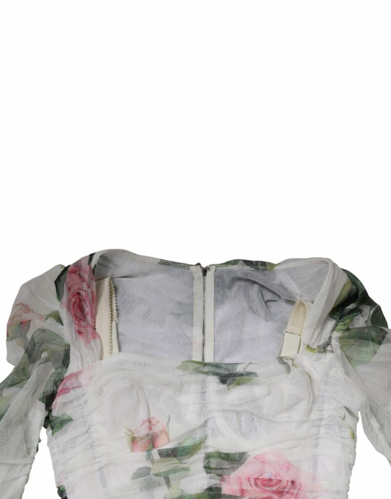 Dolce & Gabbana White Roses Print Cotton Pleated Midi Dress - Image 6