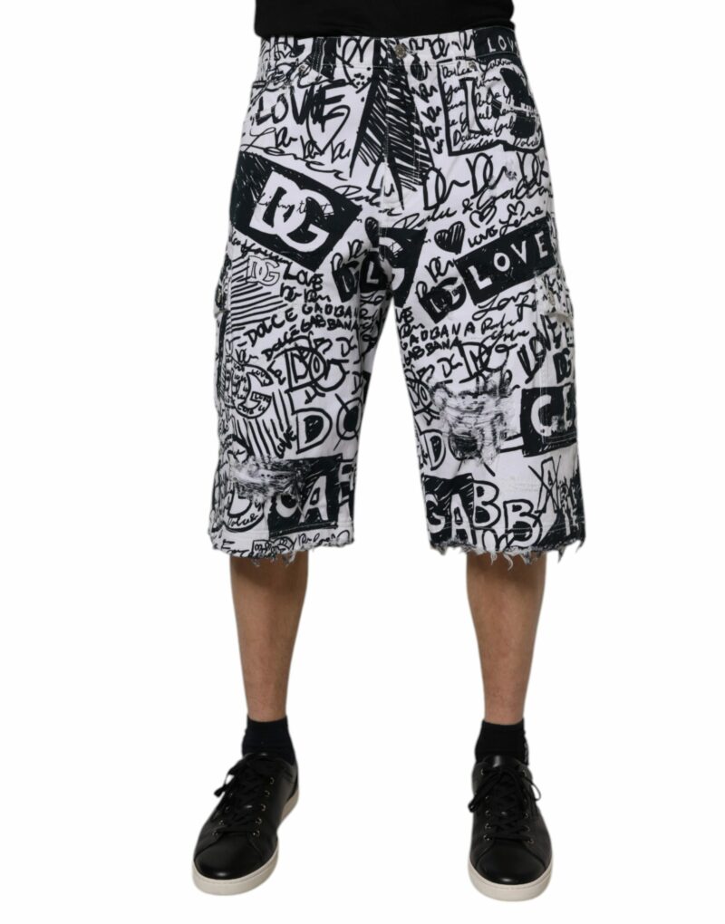 Dolce & Gabbana White Graffiti Cotton Men Bermuda Denim Shorts - Image 2