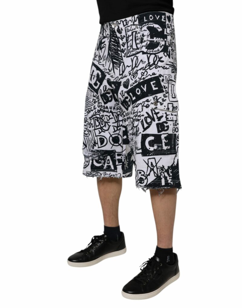 Dolce & Gabbana White Graffiti Cotton Men Bermuda Denim Shorts - Image 3