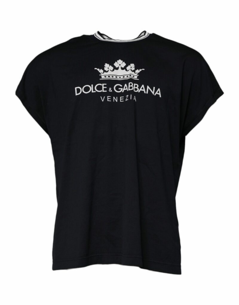 Dolce & Gabbana Dark Blue Logo Crown Cotton Crew Neck T-shirt - Image 2