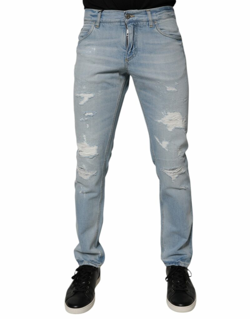 Dolce & Gabbana Light Blue Tattered Logo Skinny Denim Jeans - Image 2