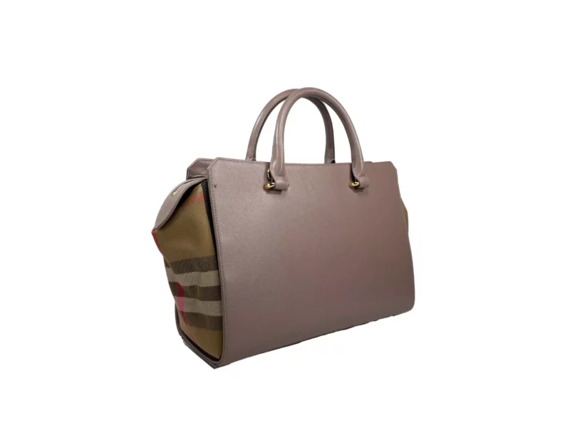 Burberry Small Banwell Leather Tote Bag Purse Grey Mink - Image 4
