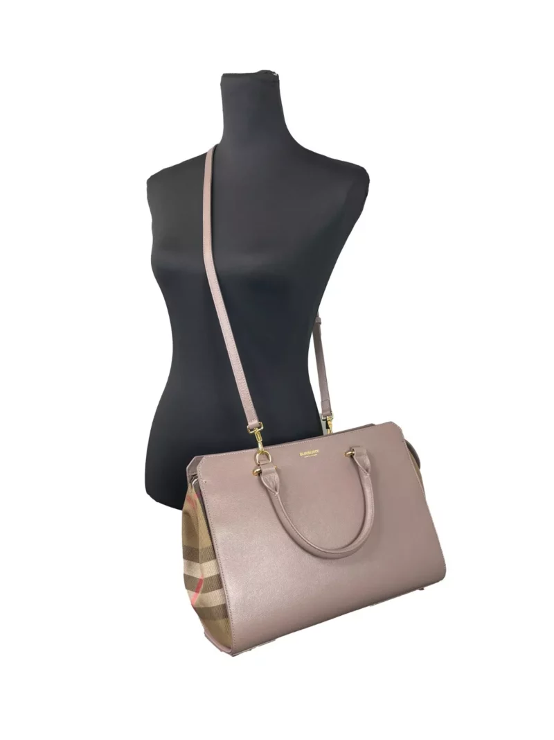 Burberry Small Banwell Leather Tote Bag Purse Grey Mink - Image 2