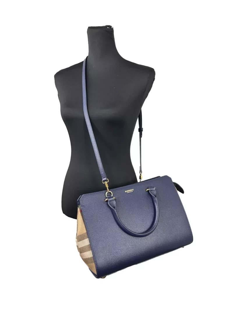 Burberry Small Banwell Leather Tote Bag Purse Blue - Image 2