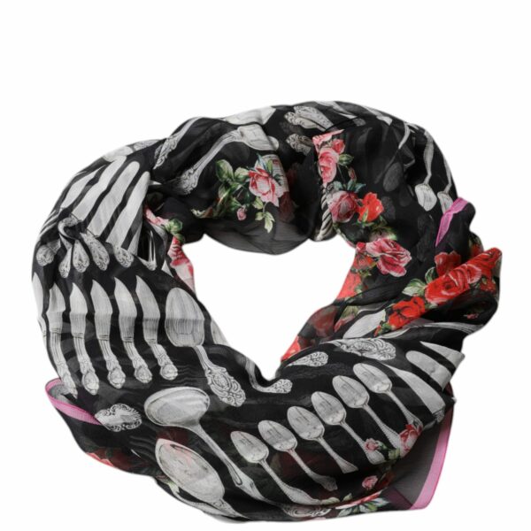 Dolce & Gabbana Black Cutlery Floral Neck Wrap Shawl Scarf