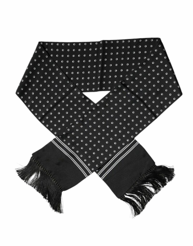 Dolce & Gabbana Black White Polka Dotted Silk Skinny Fringes Scarf - Image 2