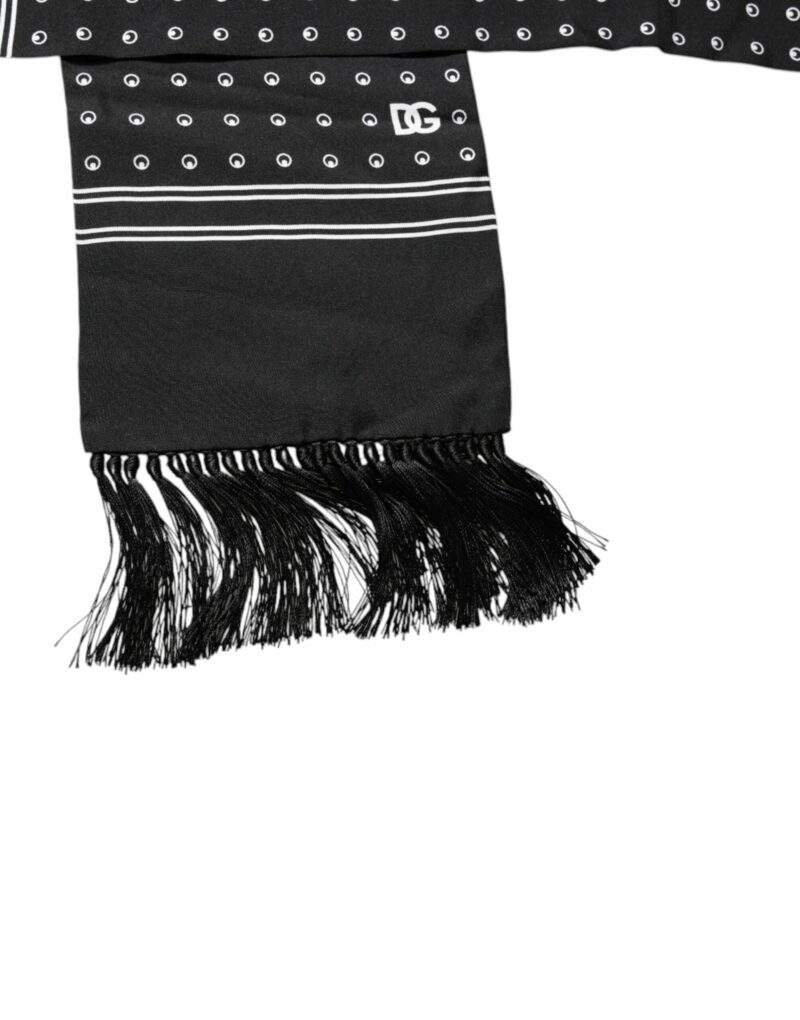 Dolce & Gabbana Black White Polka Dotted Silk Skinny Fringes Scarf - Image 3