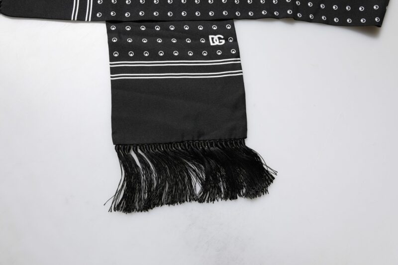 Dolce & Gabbana Black White Polka Dotted Silk Skinny Fringes Scarf - Image 4