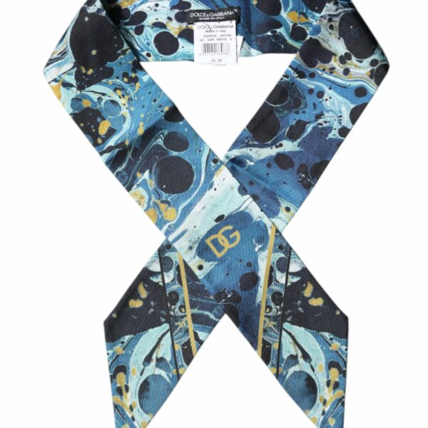 Dolce & Gabbana Blue Marble Print Silk Skinny Foulard Scarf