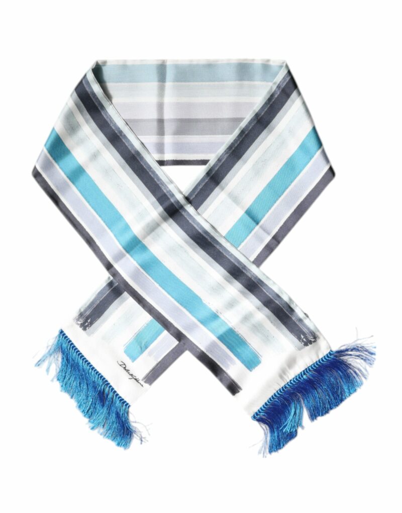 Dolce & Gabbana White Blue Stripes Silk Fringes Wrap Scarf - Image 2
