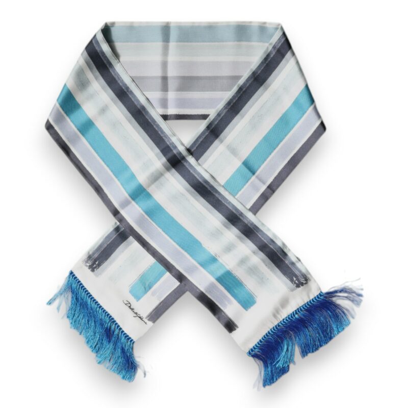 Dolce & Gabbana White Blue Stripes Silk Fringes Wrap Scarf - Image 3